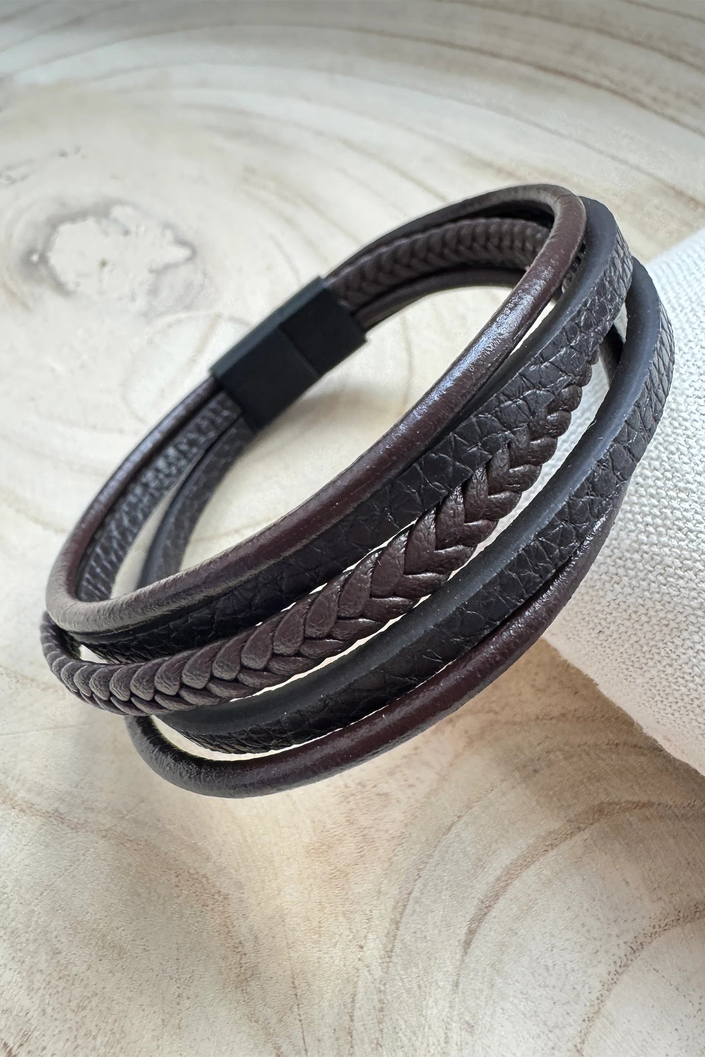 Wild Spirit Men's Brown Hudson Leather Bracelet, close-up