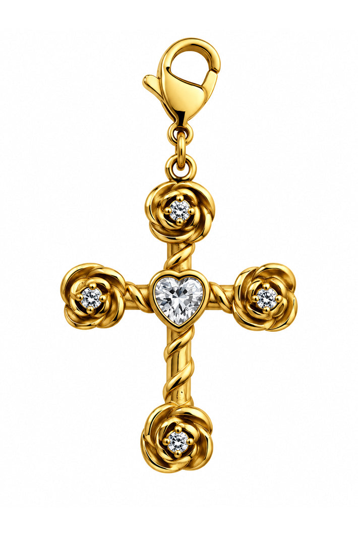 Wild Spirit Rose Cross Gold Hook Charm, front view