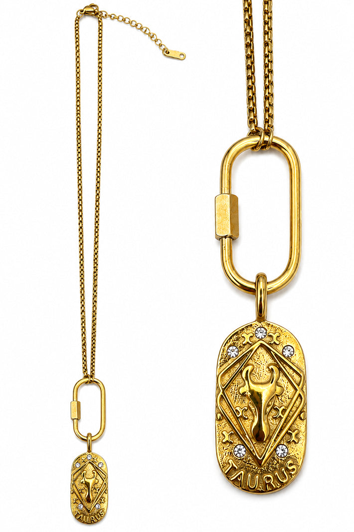 Wild Spirit Taurus Horoscope Gold Charm Necklace, front view