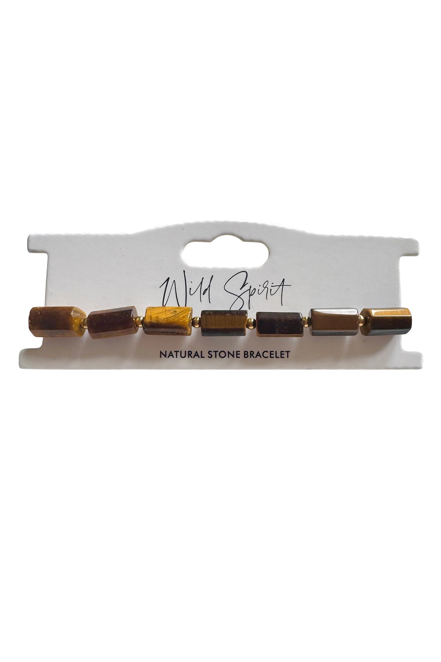 Wild Spirit Tiger Eye Brown Rock Bracelet, flat lay on branded card