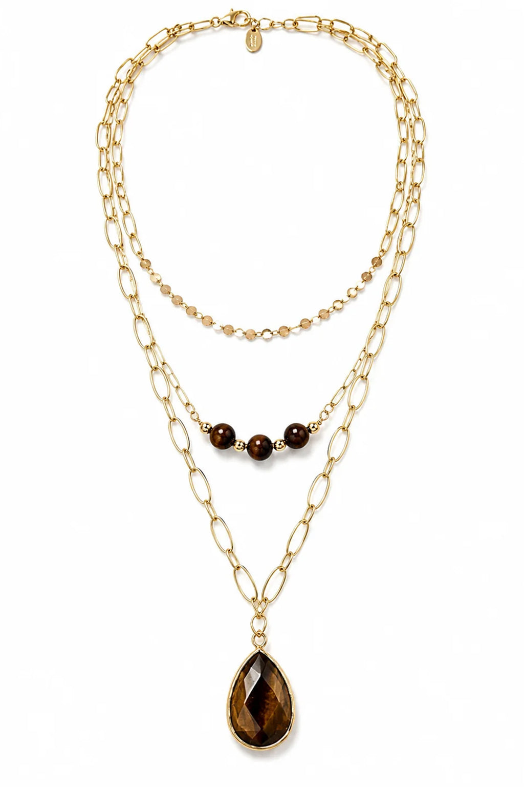 Wild Spirit Tiger Eye Brown Triple Layer Necklace, flat lay