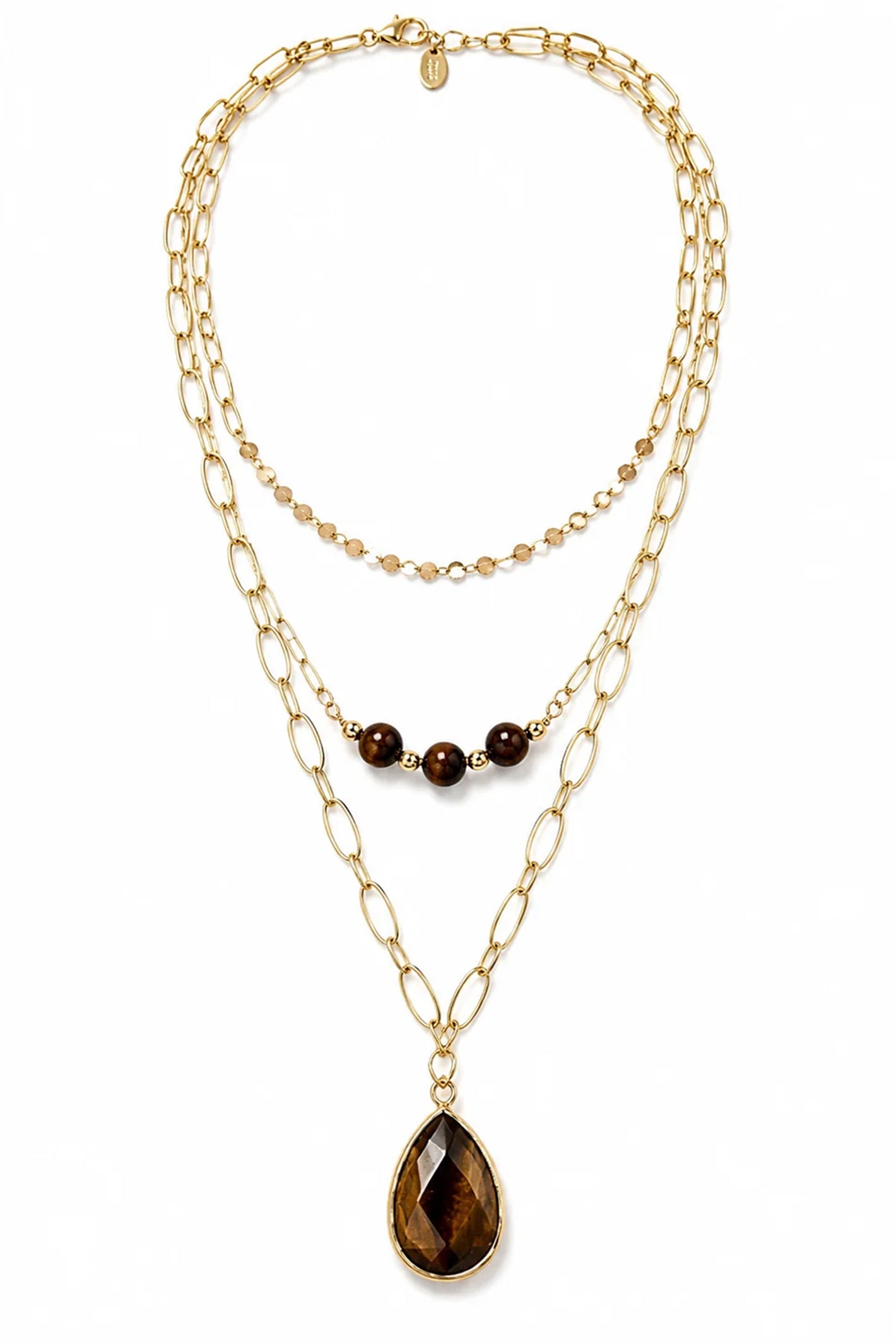 Wild Spirit Tiger Eye Brown Triple Layer Necklace, flat lay