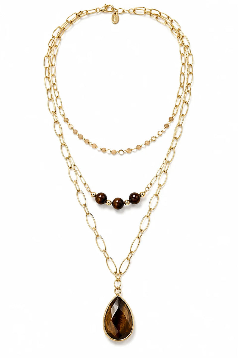 Wild Spirit Tiger Eye Brown Triple Layer Necklace, flat lay
