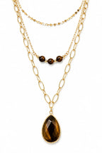 Wild Spirit Tiger Eye Brown Triple Layer Necklace, flat lay, pendant detail