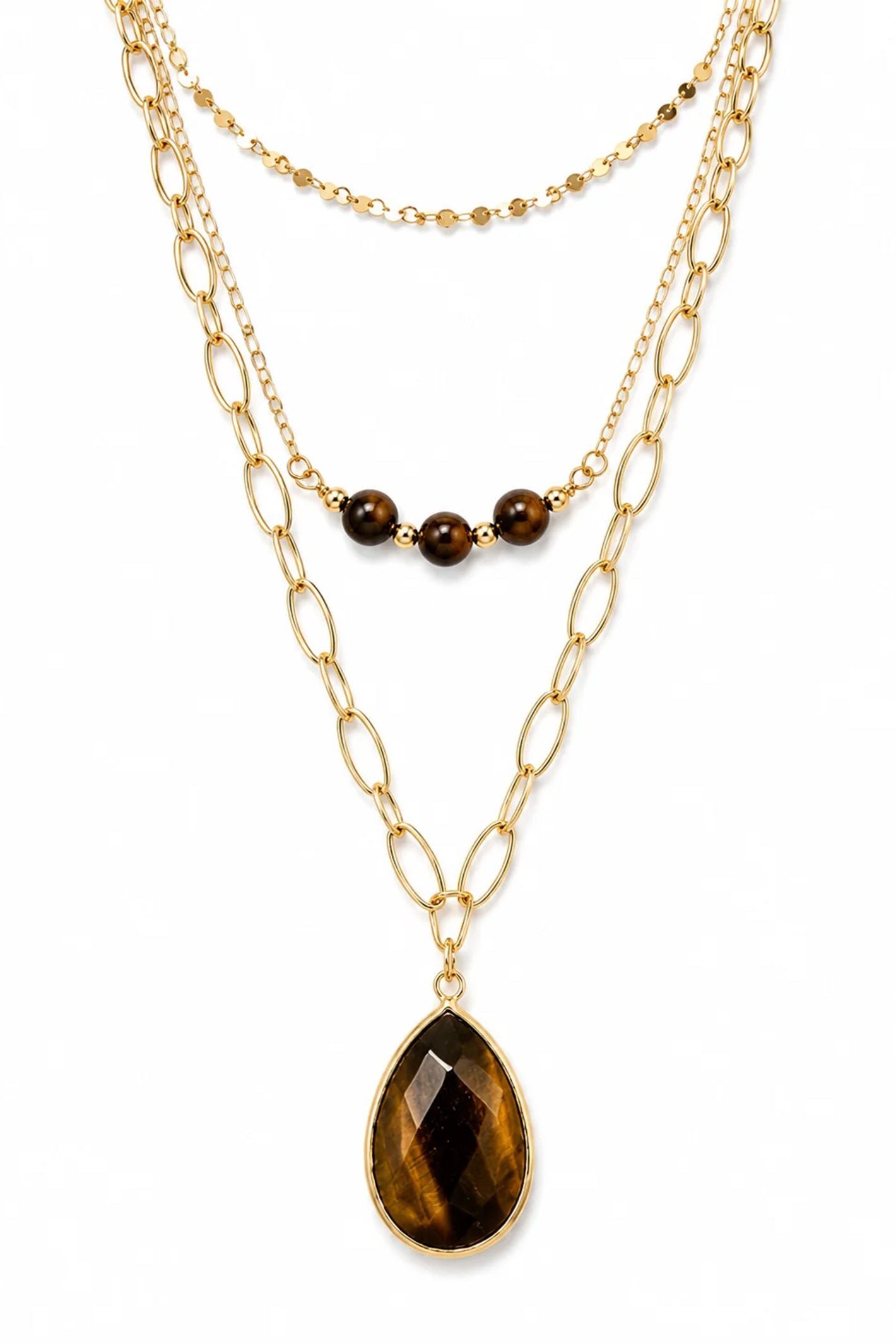 Wild Spirit Tiger Eye Brown Triple Layer Necklace, flat lay, pendant detail