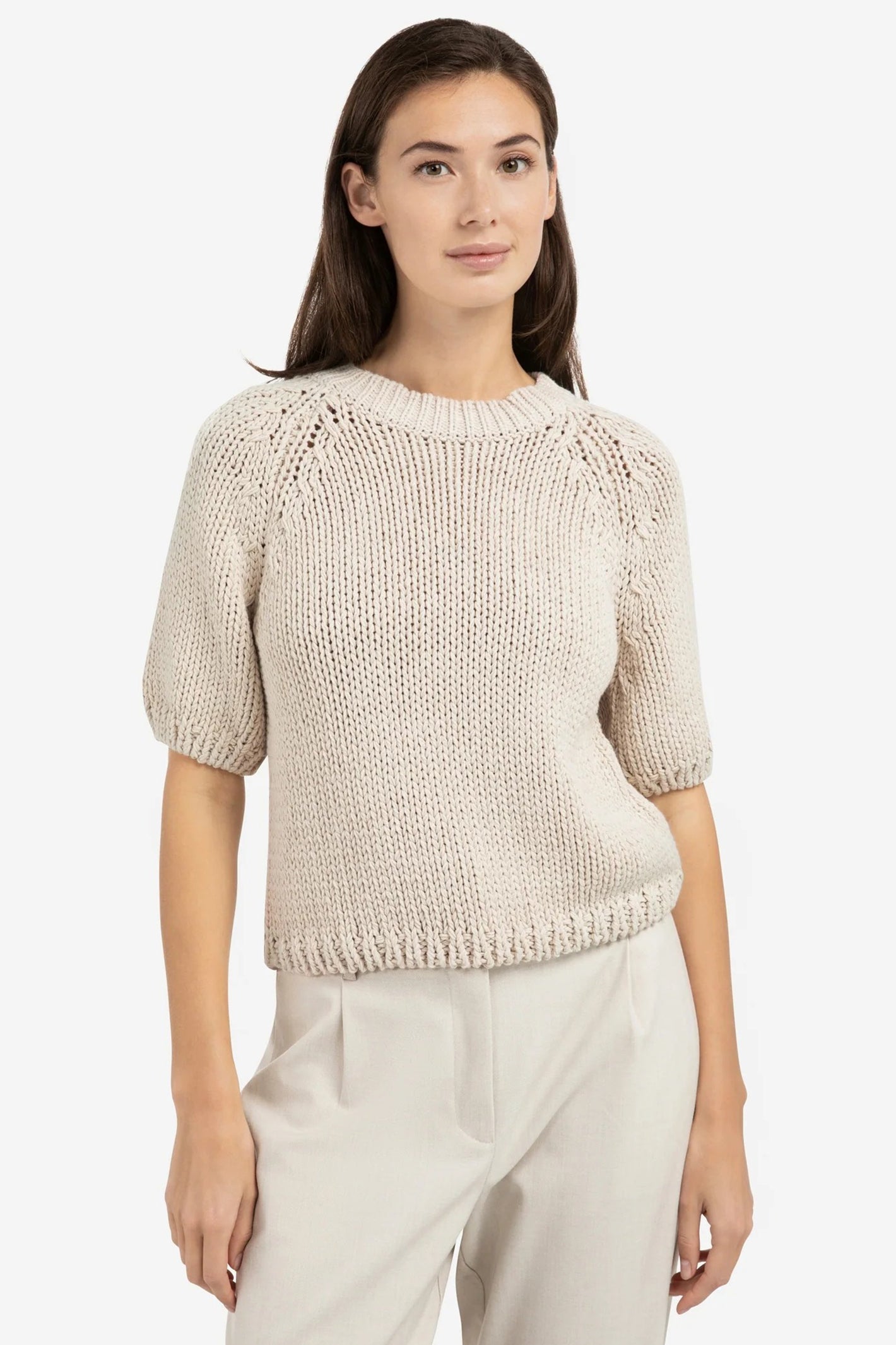 Yaya 01-000551-602 Kit Beige Chunky Knit Short Sleeve Jumper