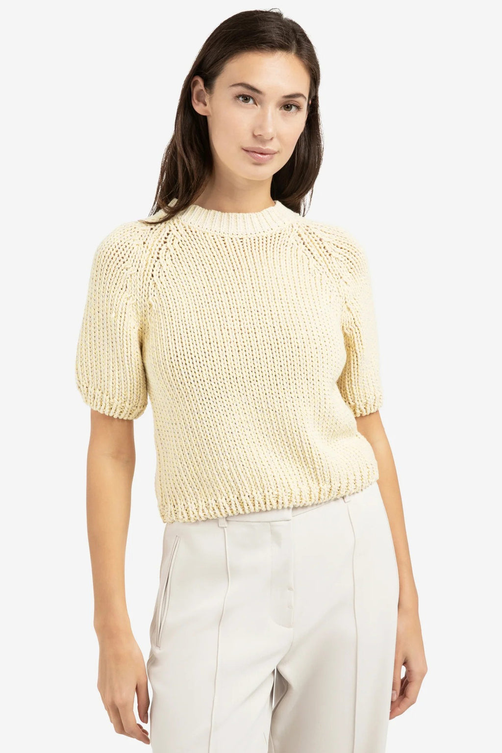 Yaya 01-000551-602 Reed Yellow Dessin Chunky Knit Short Sleeve Jumper