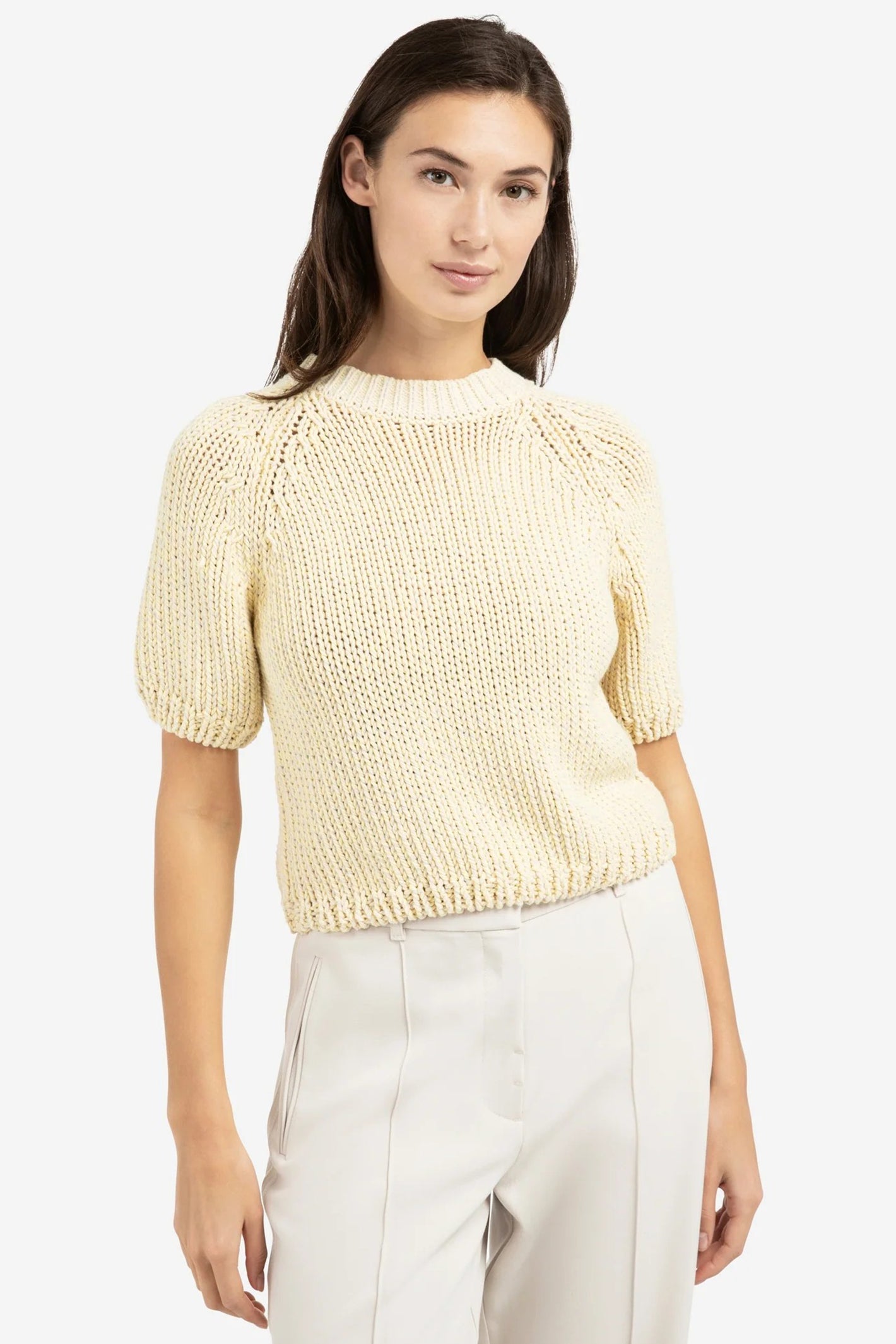Yaya 01-000551-602 Reed Yellow Dessin Chunky Knit Short Sleeve Jumper