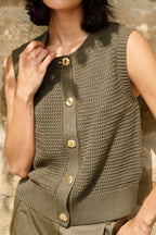 Yaya 01-010153-604 Army Green Sleeveless Textured Cardigan