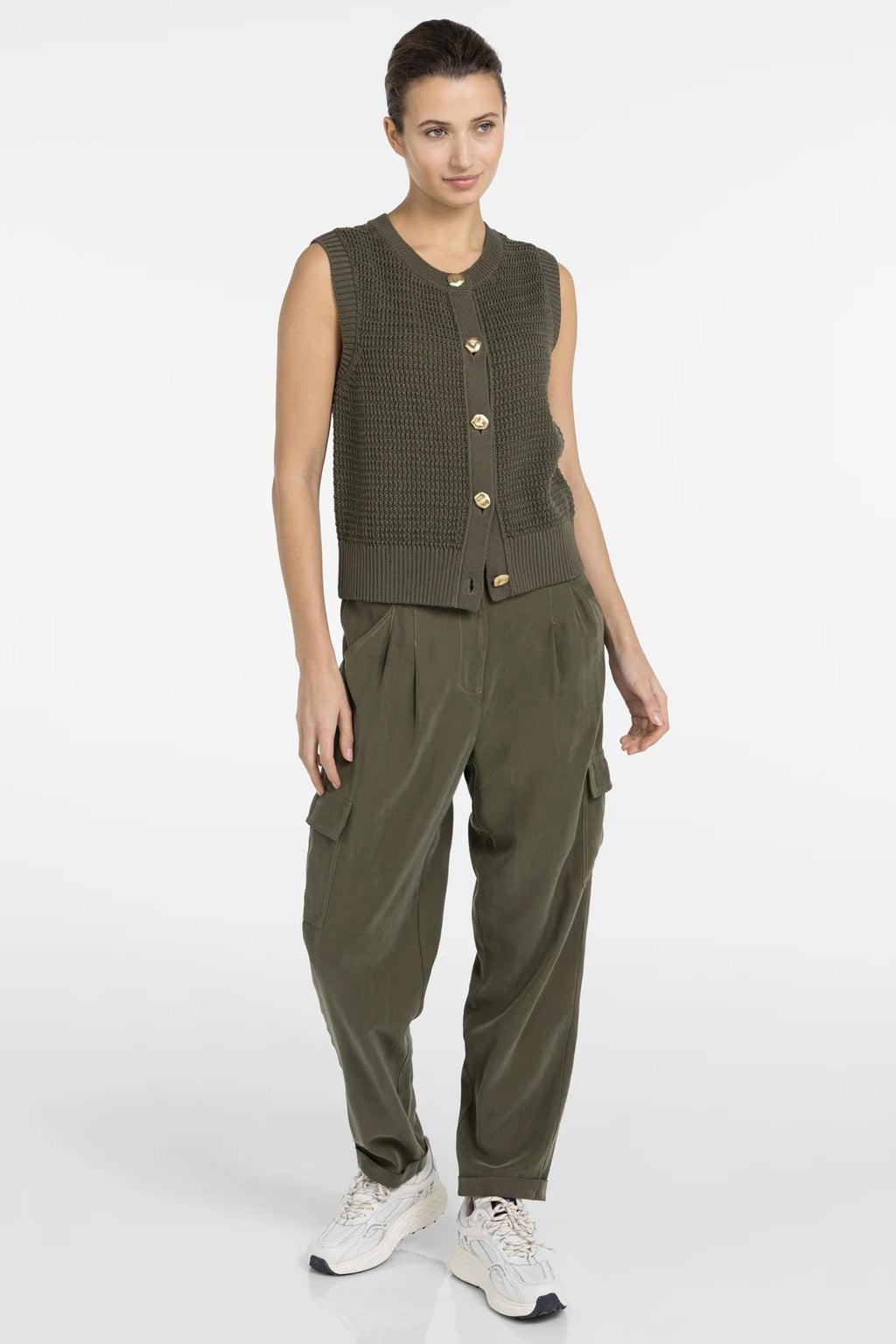Yaya 01-010153-604 Army Green Sleeveless Textured Cardigan