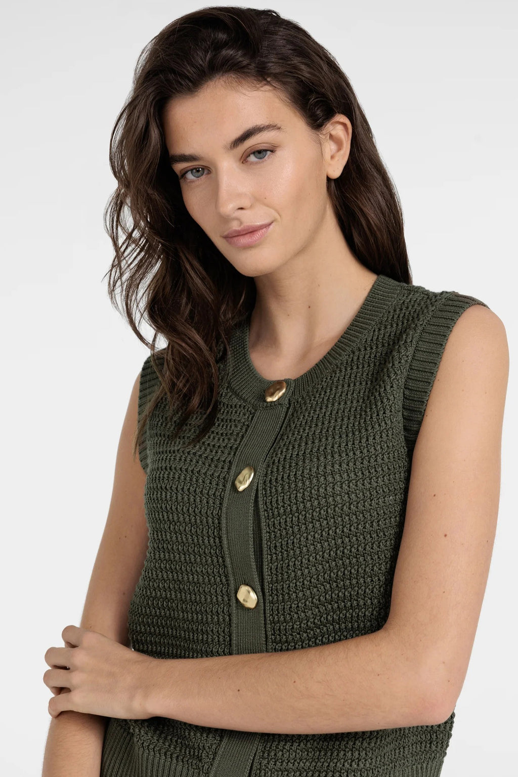 Yaya 01-010153-604 Army Green Sleeveless Textured Cardigan