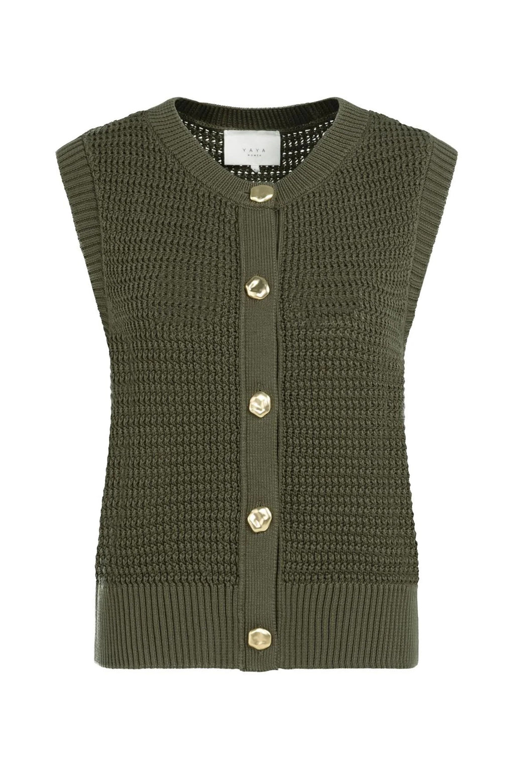Yaya 01-010153-604 Army Green Sleeveless Textured Cardigan