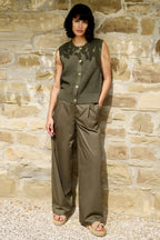 Yaya 01-010153-604 Army Green Sleeveless Textured Cardigan