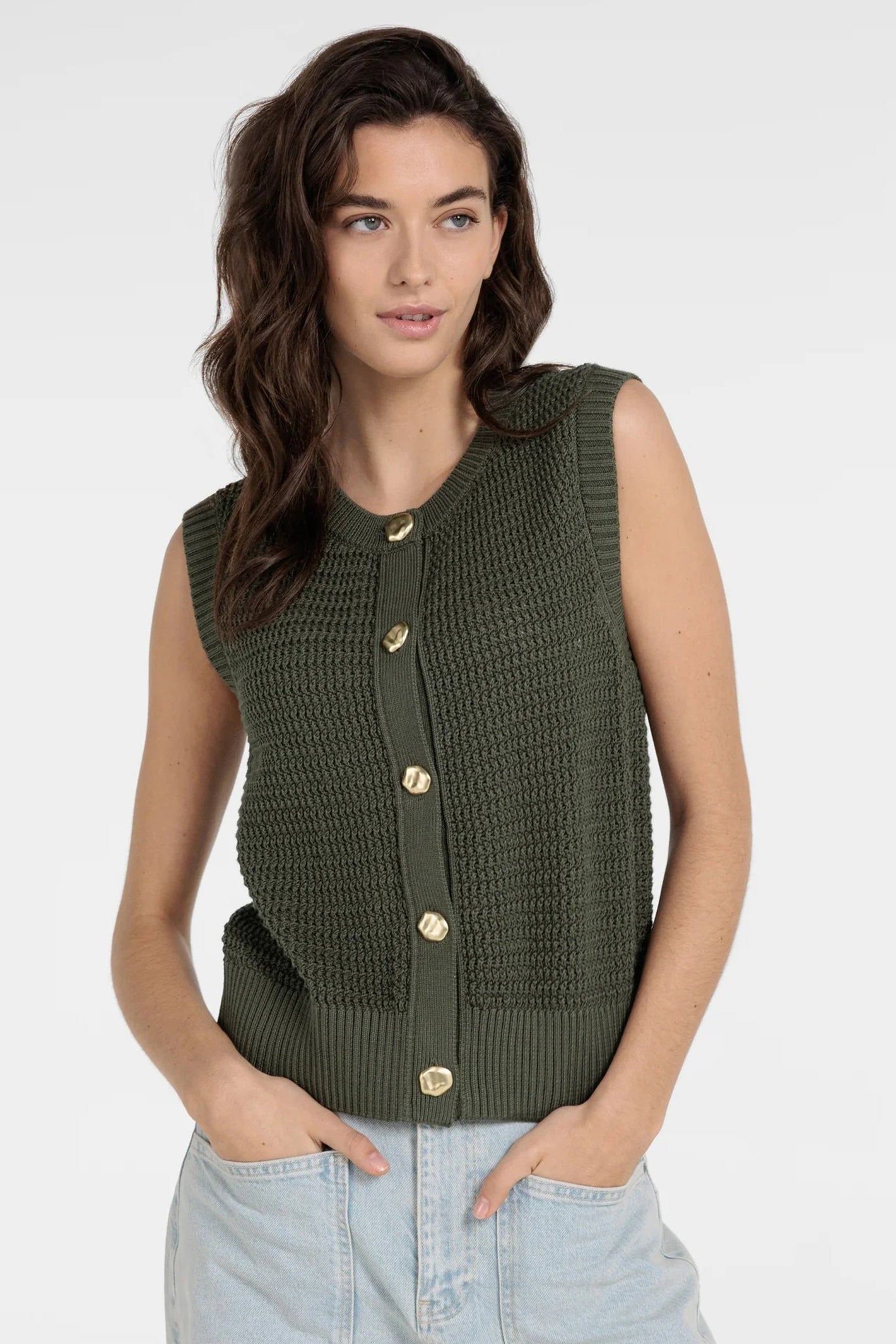 Yaya 01-010153-604 Army Green Sleeveless Textured Cardigan