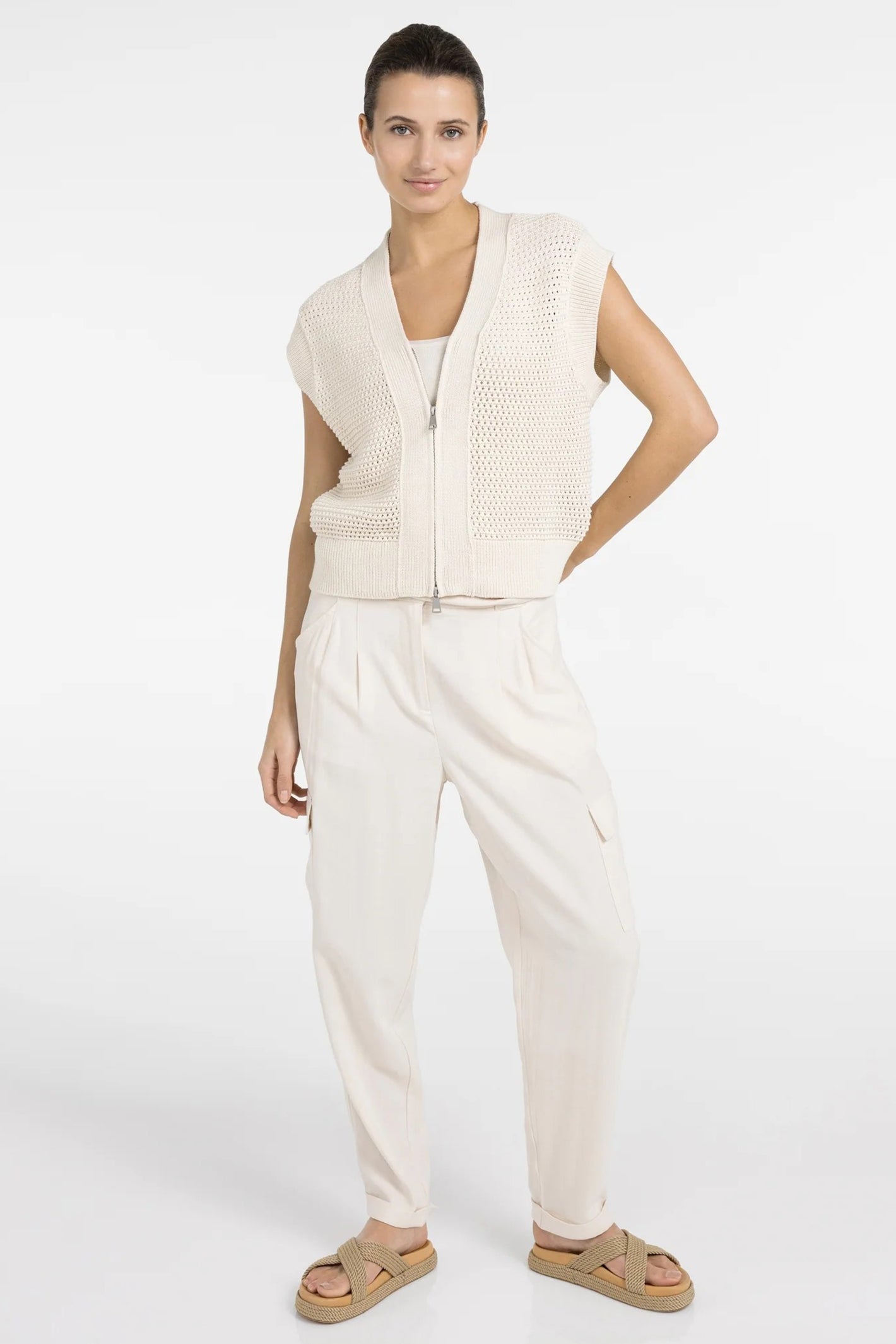 Yaya 01-010154-604 Creme Beige Sleeveless Mesh Knit Zip Front Cardigan