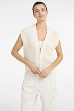 Yaya 01-010154-604 Creme Beige Sleeveless Mesh Knit Zip Front Cardigan