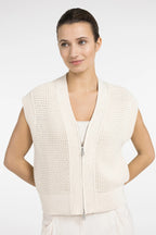 Yaya 01-010154-604 Creme Beige Sleeveless Mesh Knit Zip Front Cardigan