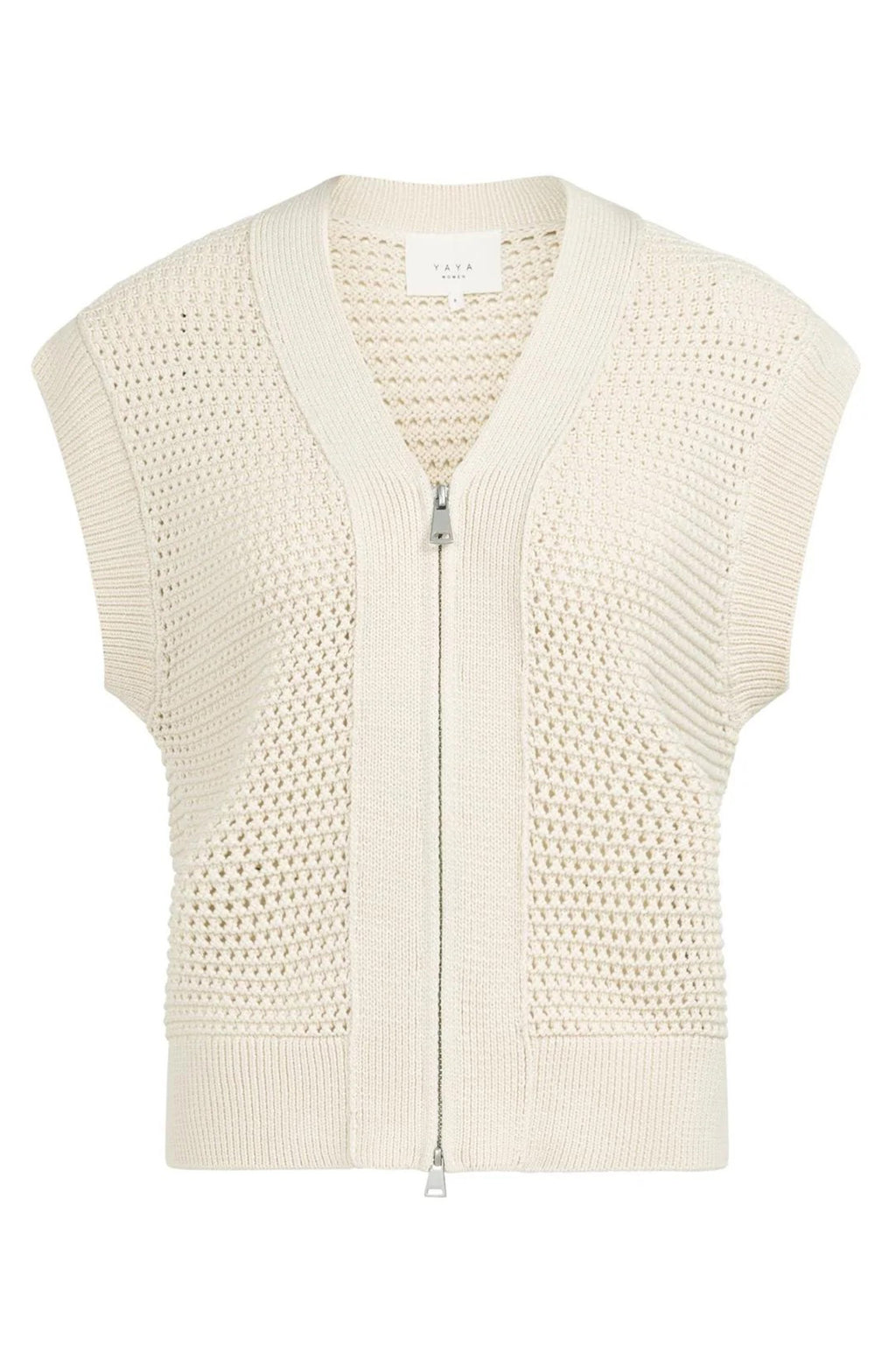 Yaya 01-010154-604 Creme Beige Sleeveless Mesh Knit Zip Front Cardigan