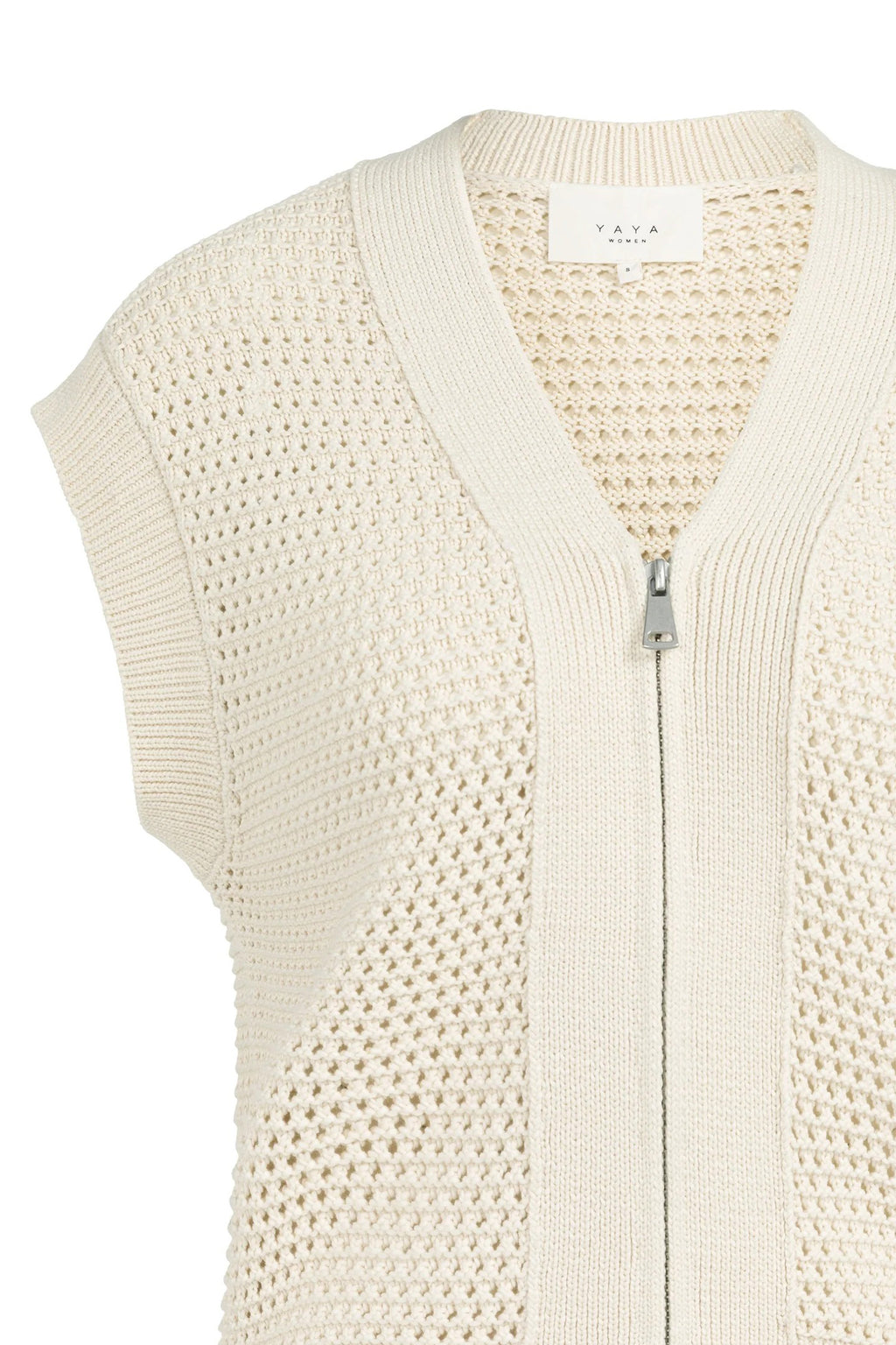 Yaya 01-010154-604 Creme Beige Sleeveless Mesh Knit Zip Front Cardigan