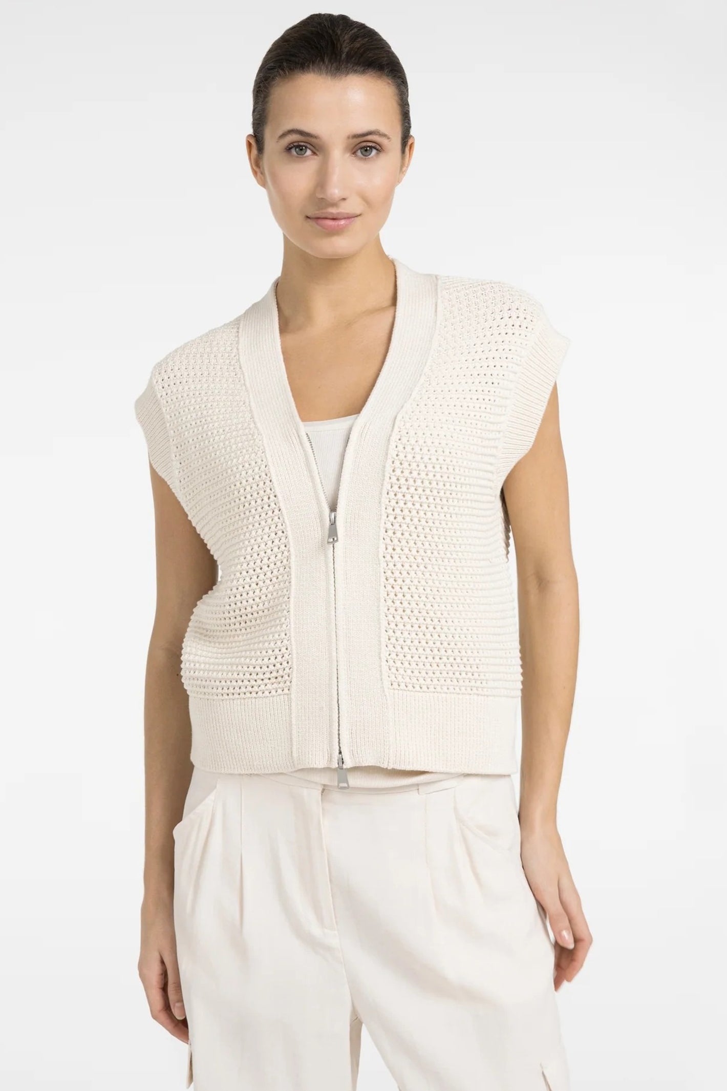 Yaya 01-010154-604 Creme Beige Sleeveless Mesh Knit Zip Front Cardigan