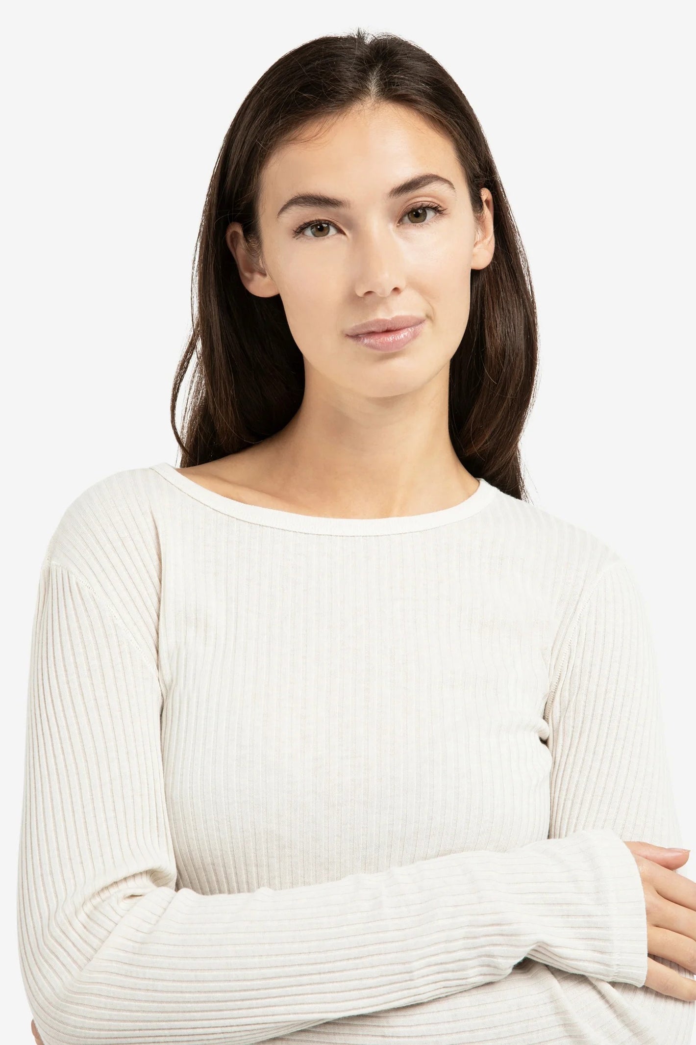 Yaya 01-709348-601 Snowfall White Ribbed Long Sleeve Cotton Top