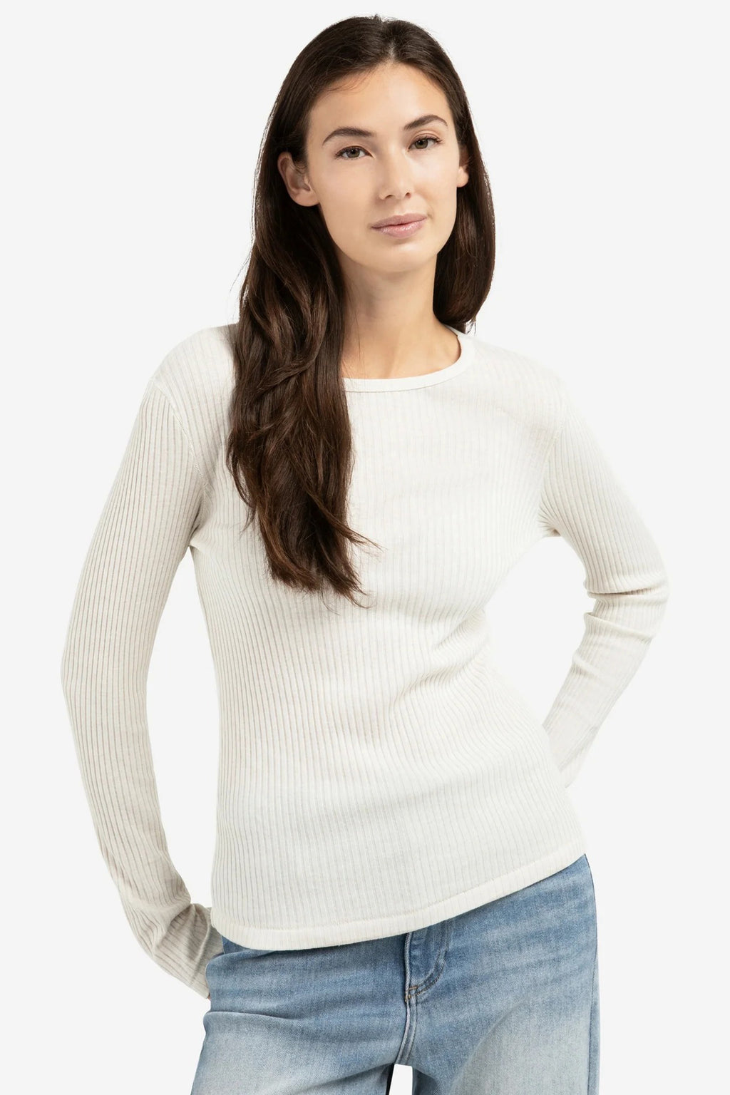 Yaya 01-709348-601 Snowfall White Ribbed Long Sleeve Cotton Top
