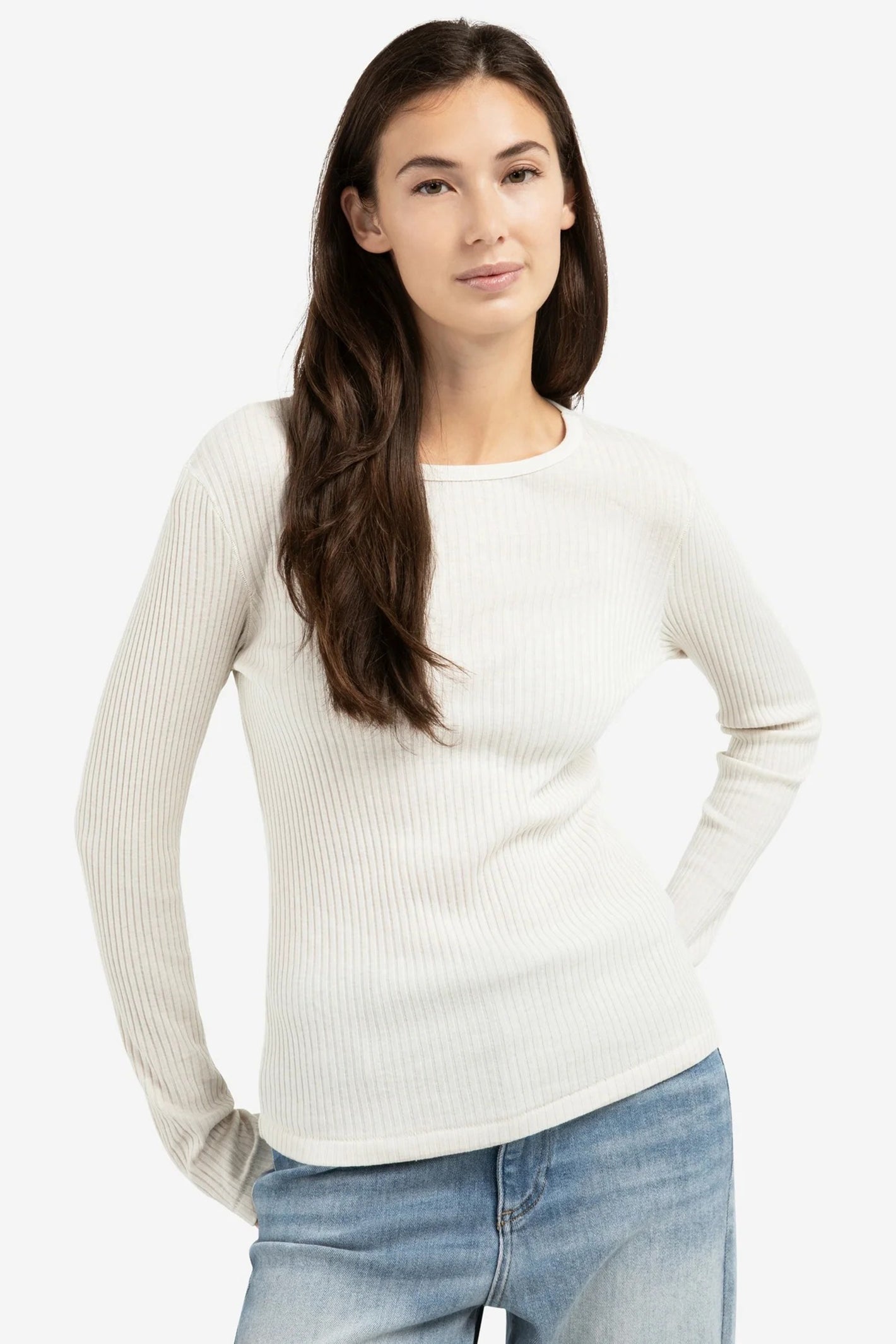 Yaya 01-709348-601 Snowfall White Ribbed Long Sleeve Cotton Top