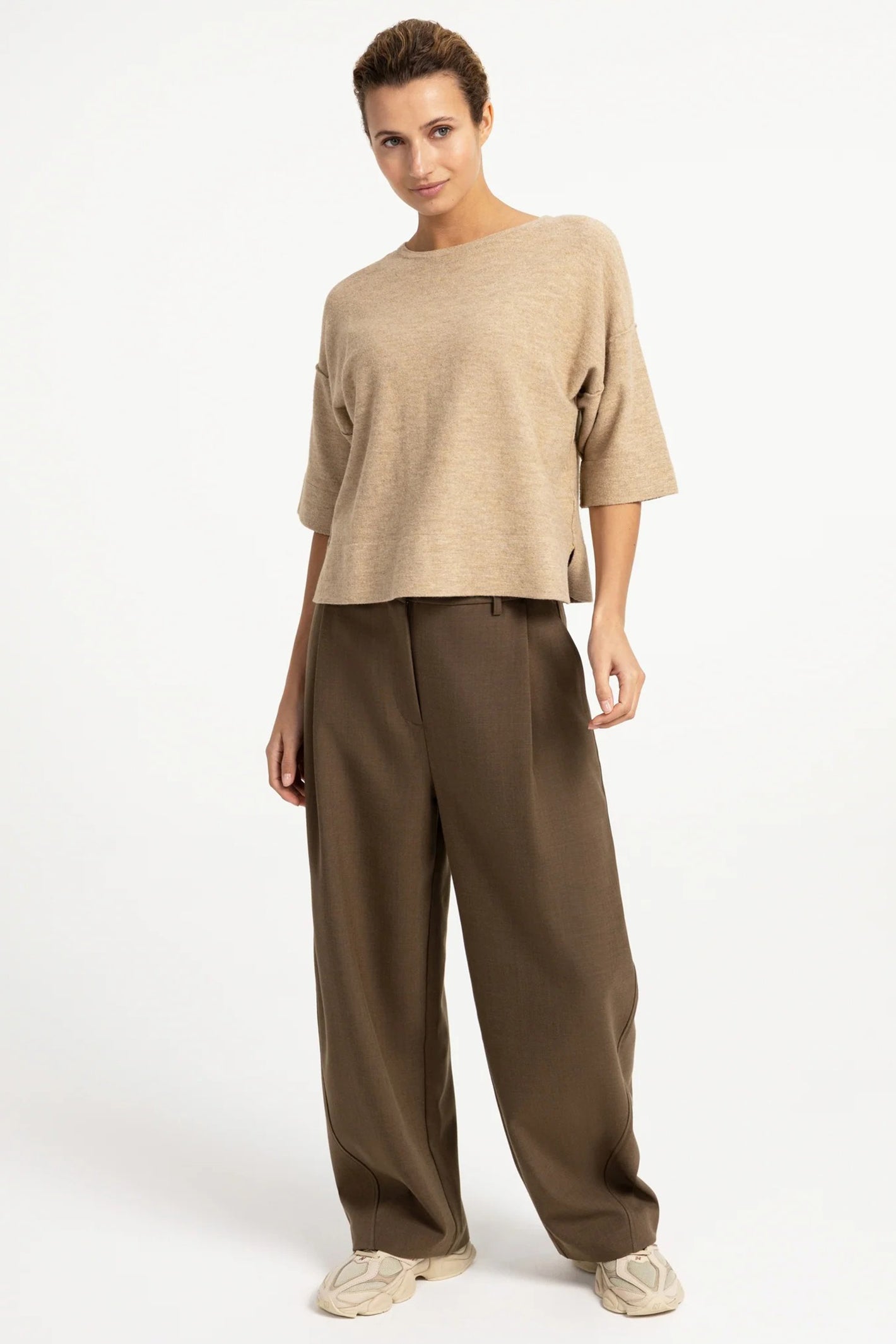 Yaya Beige Melange Top 01-000621-608, front view styled