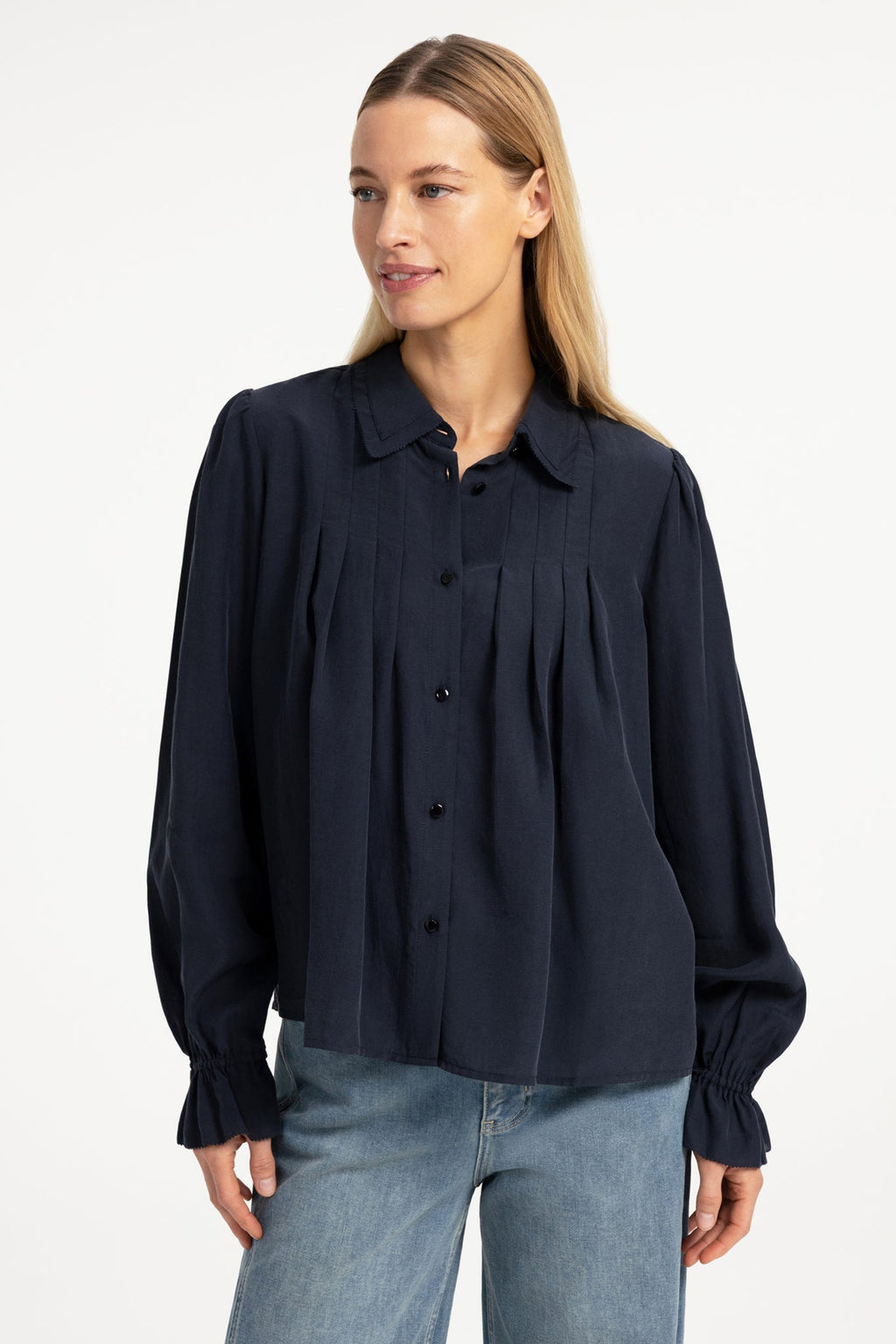 Yaya Cat Black Sheer Pleated Blouse 01-201246-609, front view on model