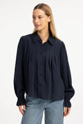 Yaya Cat Black Sheer Pleated Blouse 01-201246-609, front view on model