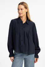Yaya Cat Black Sheer Pleated Blouse 01-201246-609, front view on model