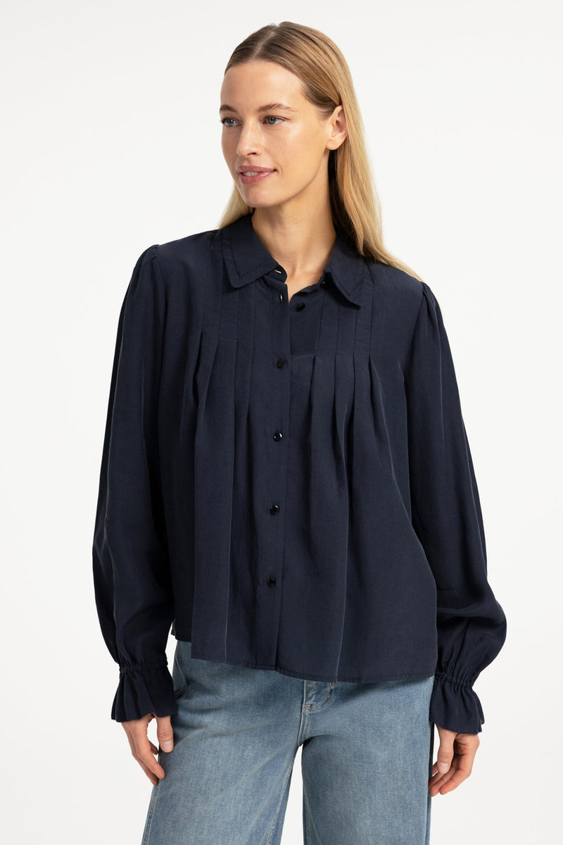 Yaya Cat Black Sheer Pleated Blouse 01-201246-609, front view on model