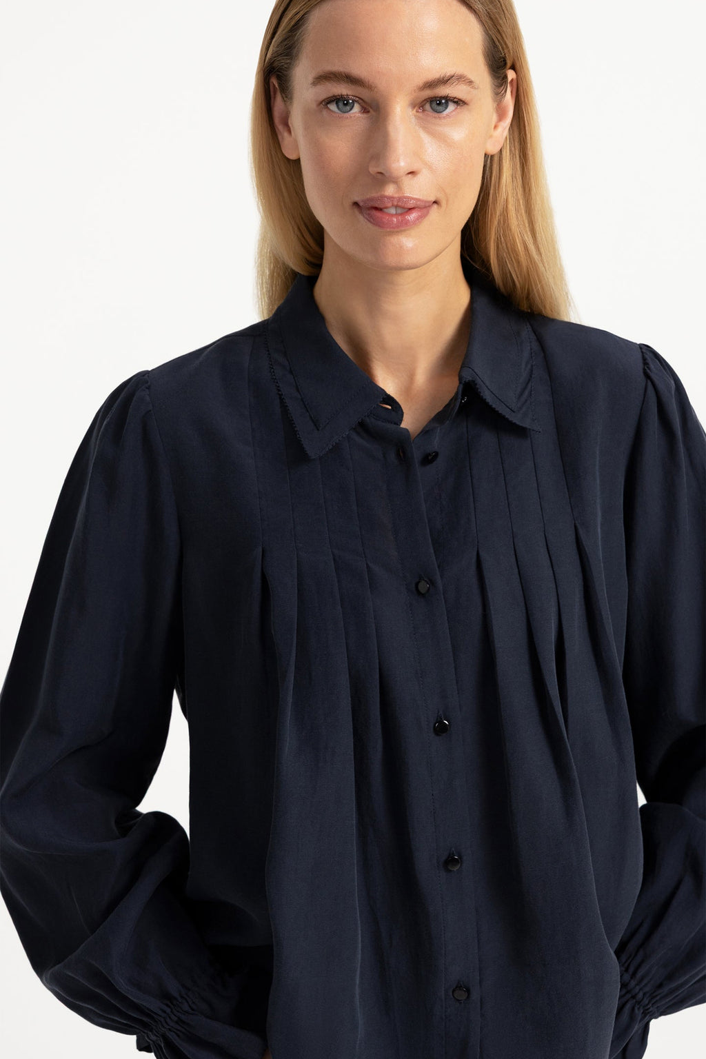 Yaya Cat Black Sheer Pleated Blouse 01-201246-609, front close-up on model