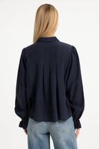 Yaya Cat Black Sheer Pleated Blouse 01-201246-609, back view on model