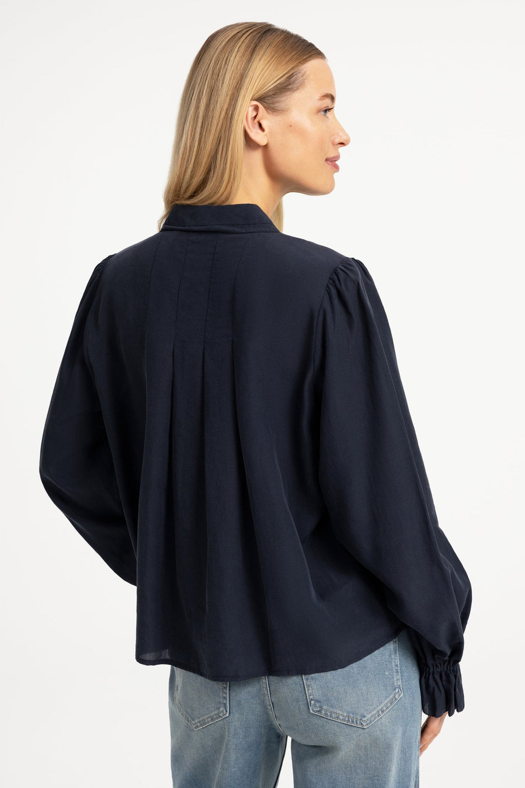 Yaya Cat Black Sheer Pleated Blouse 01-201246-609, side back view on model