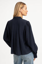 Yaya Cat Black Sheer Pleated Blouse 01-201246-609, side back view on model