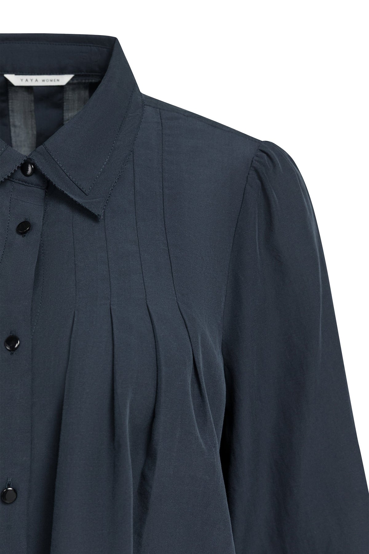 Yaya Cat Black Sheer Pleated Blouse 01-201246-609, collar and pleat detail