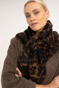 Yaya Cocoa Brown Dessin Reversible Leopard Triangle Scarf 03-501063-610, worn view on model
