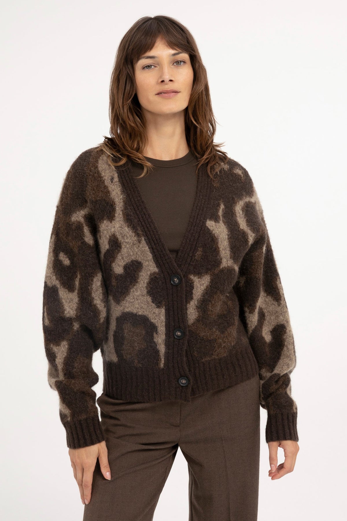 Yaya Cocoa Brown Dessin Wool Batwing Cardigan 01-010182-610, front view on model
