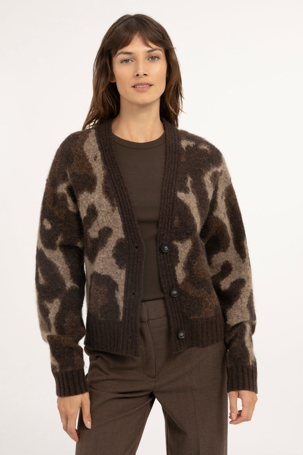 Yaya Cocoa Brown Dessin Wool Batwing Cardigan 01-010182-610, front view on model, worn open