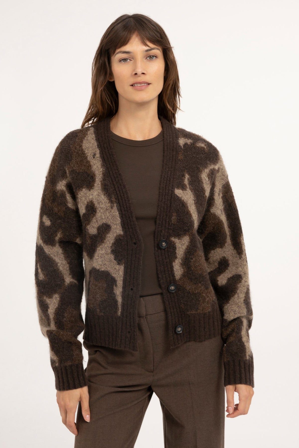 Yaya Cocoa Brown Dessin Wool Batwing Cardigan 01-010182-610, front view on model, worn open
