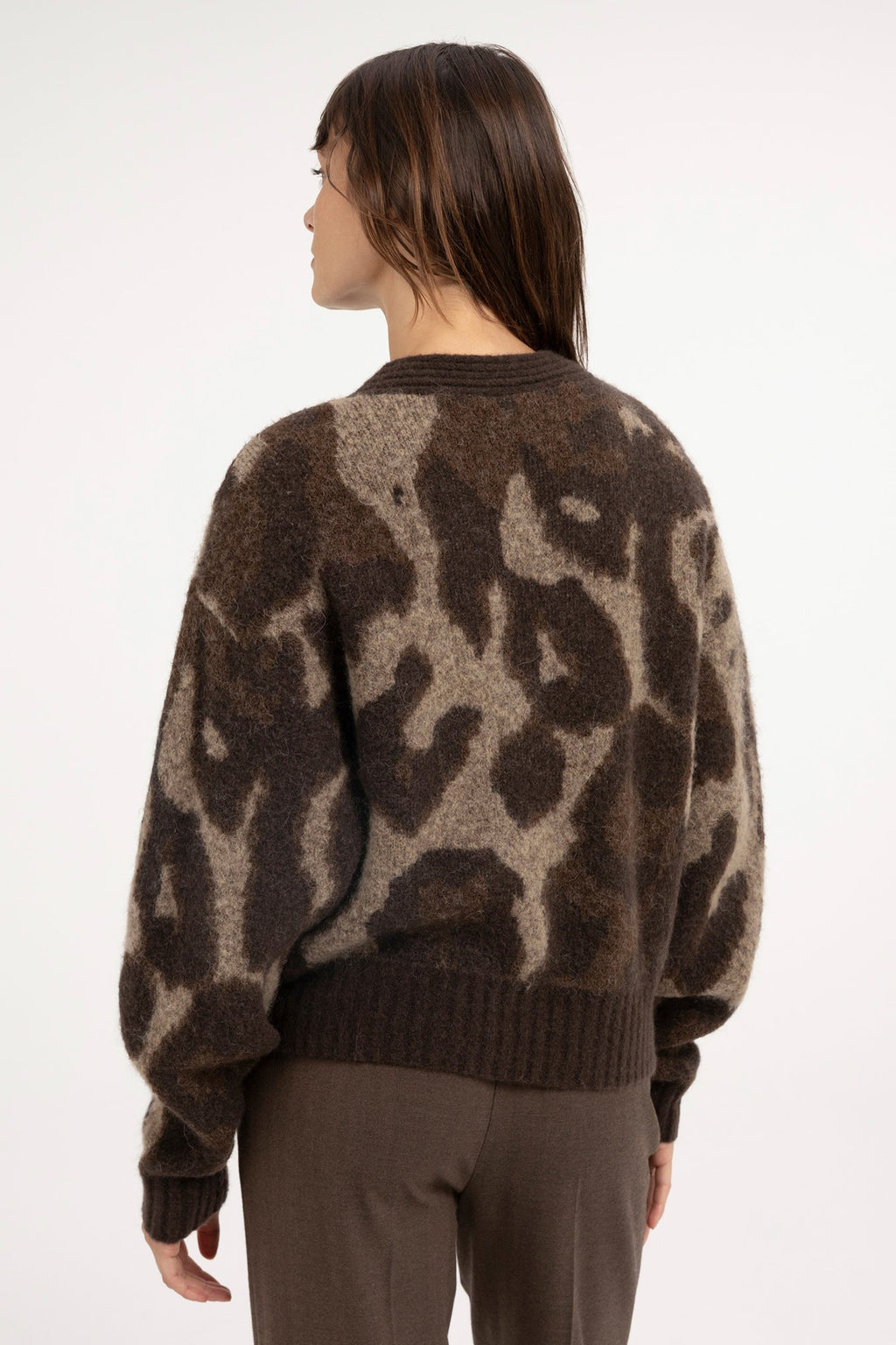 Yaya Cocoa Brown Dessin Wool Batwing Cardigan 01-010182-610, back view on model