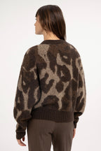 Yaya Cocoa Brown Dessin Wool Batwing Cardigan 01-010182-610, back view on model