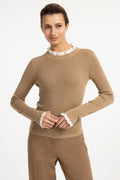 Yaya Cornstalk Brown Ruffle Rib Jumper 01-000626-609, front view on model