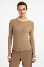 Yaya Cornstalk Brown Ruffle Rib Jumper 01-000626-609, full front view on model