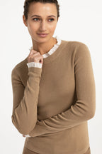 Yaya Cornstalk Brown Ruffle Rib Jumper 01-000626-609, ruffle collar close-up on model