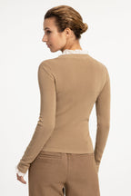 Yaya Cornstalk Brown Ruffle Rib Jumper 01-000626-609, back view on model