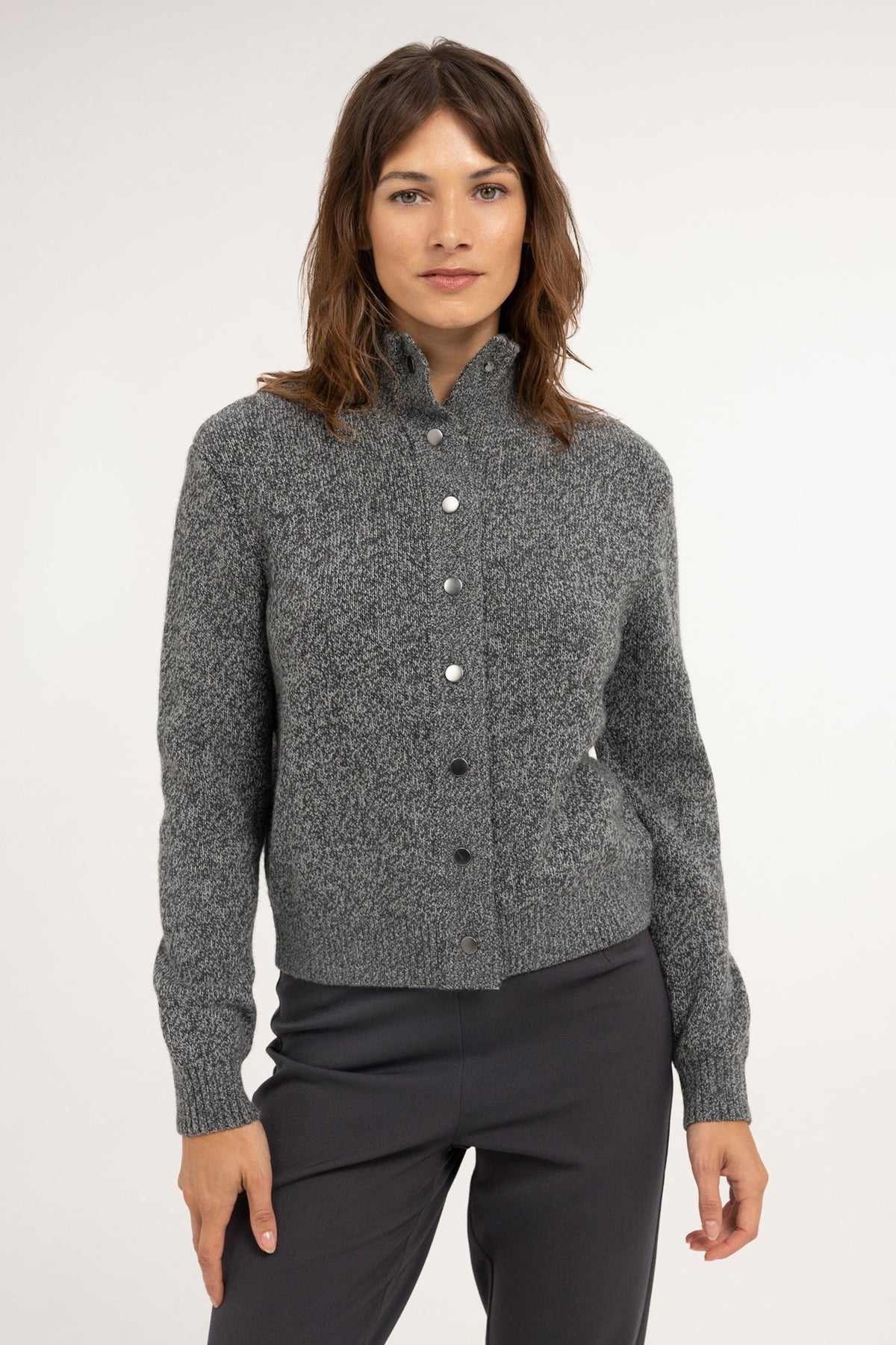 Yaya Dark Anthracite Melange Button Cardigan 01-010179-610, front view on model