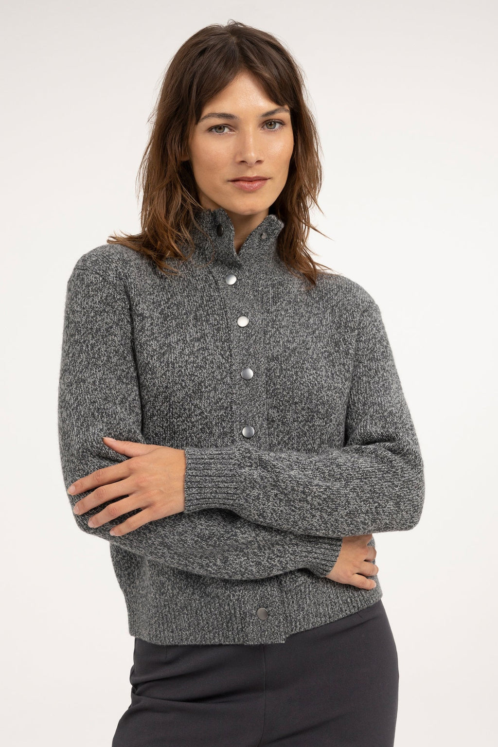 Yaya Dark Anthracite Melange Button Cardigan 01-010179-610, front view on model, arms crossed