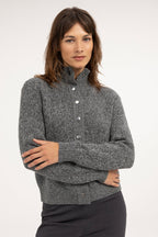 Yaya Dark Anthracite Melange Button Cardigan 01-010179-610, front view on model, arms crossed